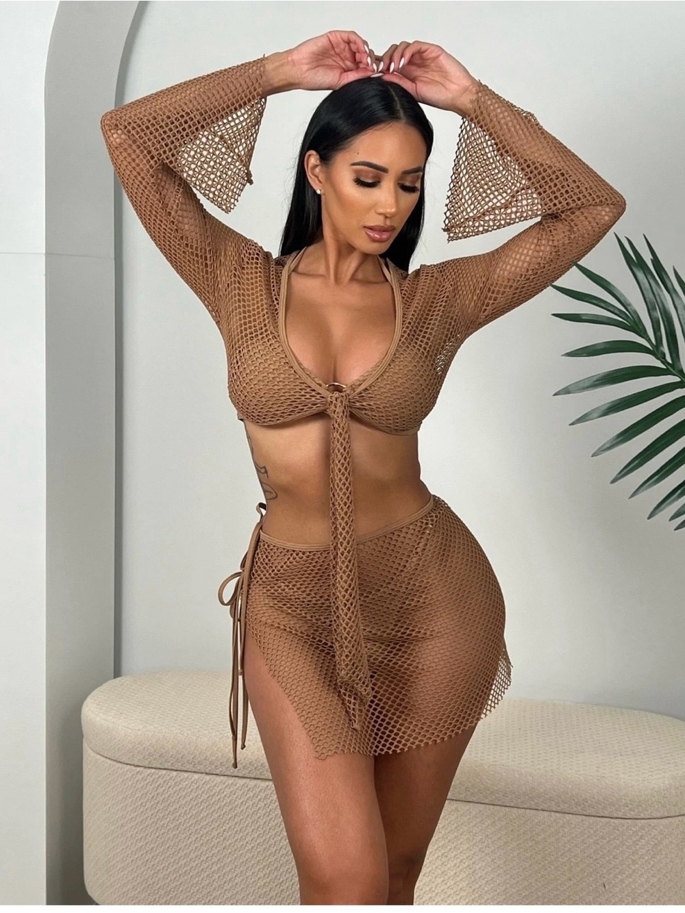 Berry Beachy Brown Crochet Mesh Tie-Front Coverup & Bikini Set -
